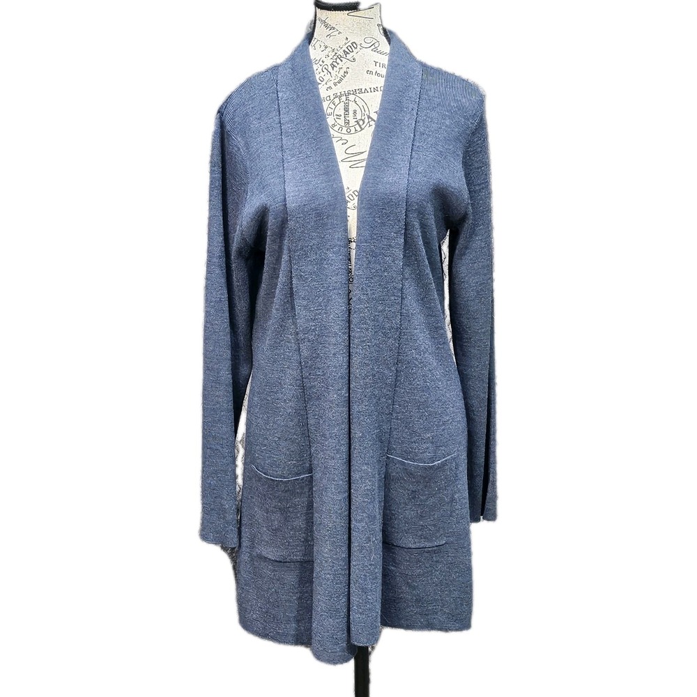 Orvis Blue Merino Wool Open-Front Knit Cardigan